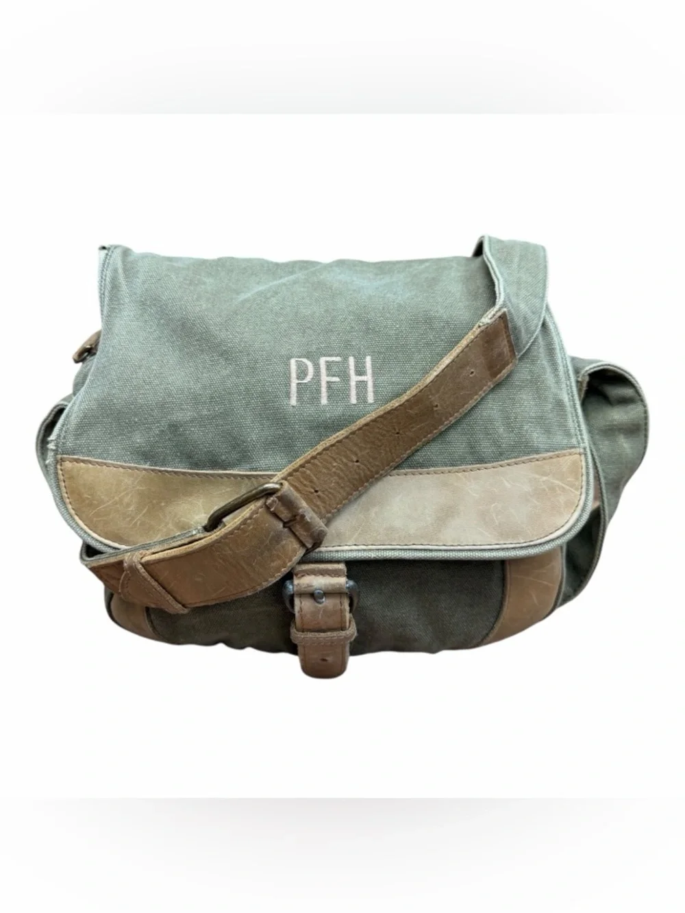LL Bean Personalized Green Canvas Messenger Bag with Brown Leather Trim